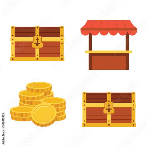 Treasure chest, gold coins and market stall vector icons for pirate party invitation, medieval fair, vintage trading festival poster design