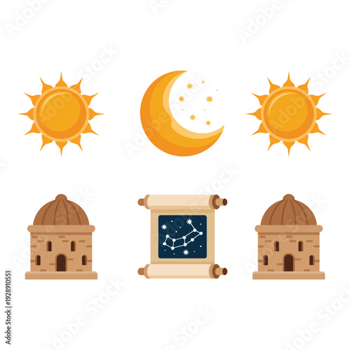 Sun and moon phase icons with mosque dome and star map scroll for islamic festival greeting, astronomy event, education design