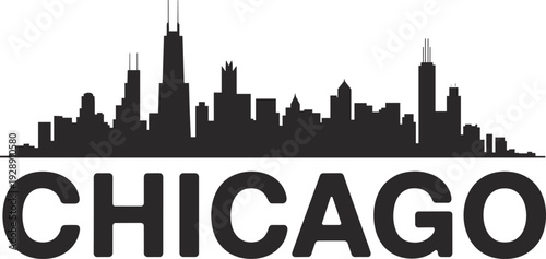 Chicago city skyline silhouette with iconic downtown skyscrapers isolated on white background, bold urban cityscape illustration for travel, tourism, architecture and branding design