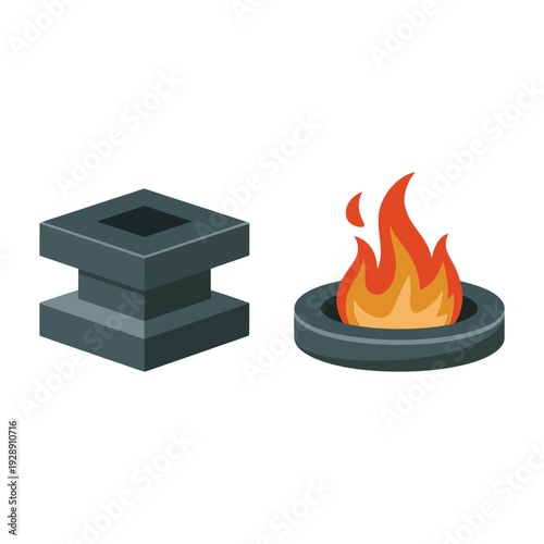 Stone fire altar platforms with burning flame, ritual pedestal vector set for temple ceremony, festival bonfire, camping survival infographic design