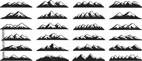 Mountain Silhouettes Collection Isolated on White Background, Snowy Peaks and Landscape Range Set for Nature Illustration Design
