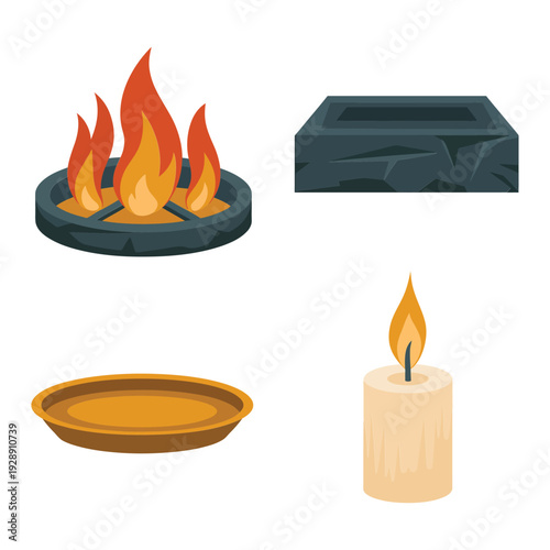 Campfire ring, offering dish, white candle and stone altar icons, sacred ritual vector pack for temple ceremony, meditation design resources