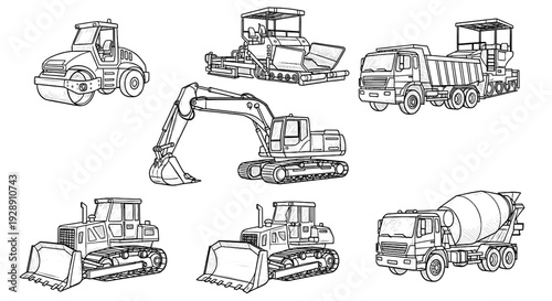 Construction vehicle set in line art style
