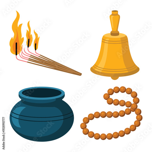 Burning incense sticks, bell, water pot and prayer beads, spiritual ritual vector set for meditation room decor, wellness festival design