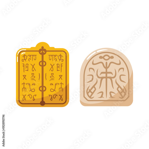Inscribed stone tablets icon set for archaeology day, heritage lecture, epigraphy session materials, ancient law tablet graphics, museum education