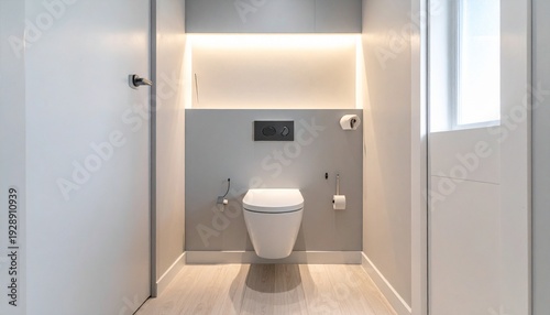 A minimal bathroom with a wall-mounted toilet and natural light.