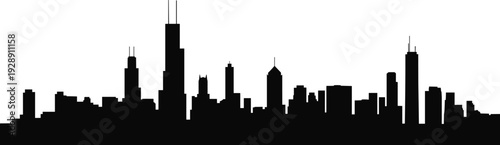 Chicago city skyline silhouette with iconic skyscrapers isolated on white background, minimalist urban cityscape illustration for travel, tourism, real estate, and business branding design.