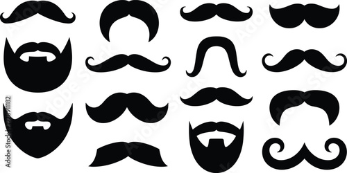 Mustache and Beard Silhouette Set Isolated on White Background, Retro Facial Hair Styles Collection for Barber Shop Branding