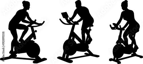 Silhouette of people exercising on an exercise bike, vector