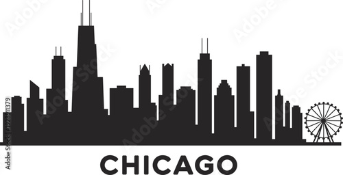 Chicago city skyline silhouette with Willis Tower and Navy Pier Ferris wheel isolated on white background, detailed urban cityscape illustration for travel, tourism, architecture
