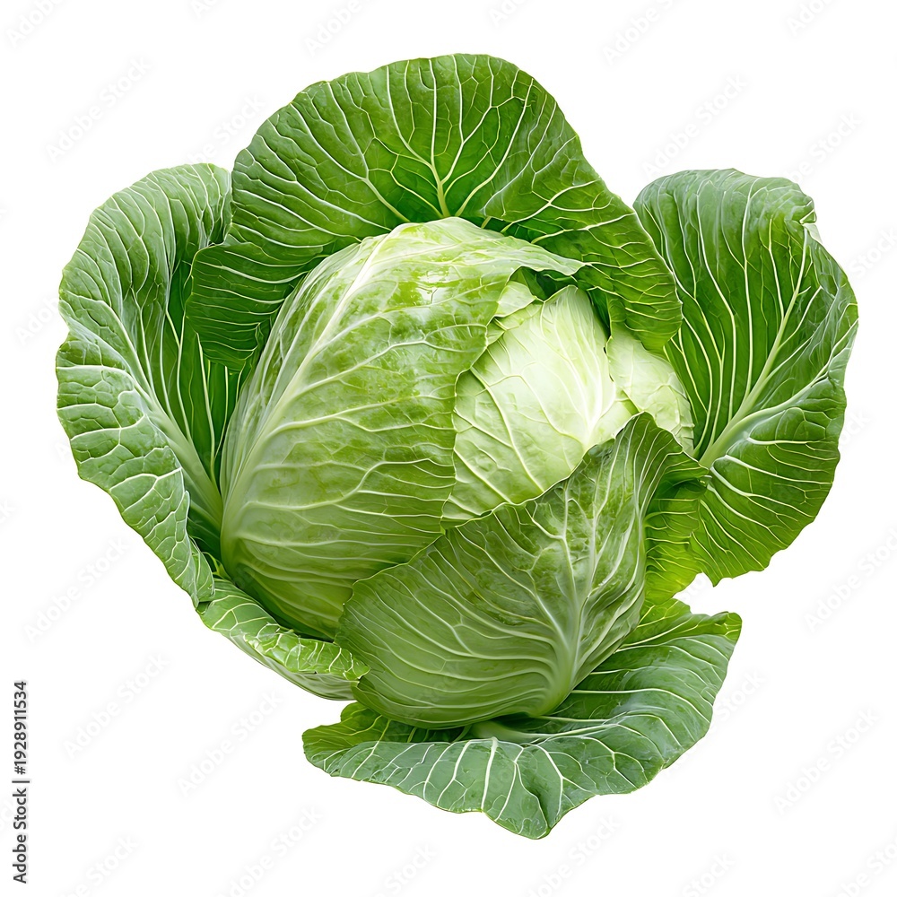 Fototapeta premium Fresh Green Cabbage with Crisp Leaves Isolated on White Background for Healthy Cooking