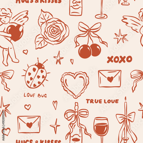 Vintage red romantic seamless pattern. Hand drawn whimsical design