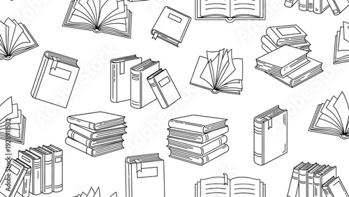 Black and white illustration of various books, including open, closed, and stacked, arranged randomly. Simple line drawings with a whimsical feel.