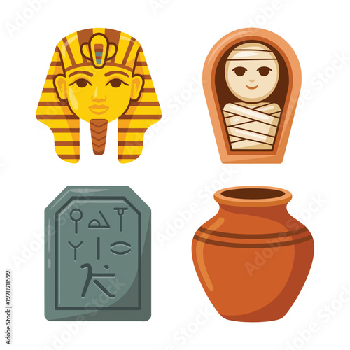 Ancient Egypt symbol pack with royal pharaoh head, ceramic jar, carved stele, mummy coffin, historical culture festival poster design