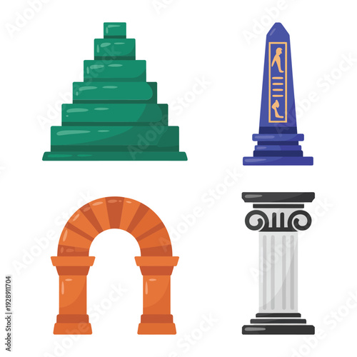Historic structure icons featuring step pyramid, classical column, terracotta arch for archaeology day banner, cultural heritage month, tourism brochure design