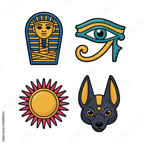 Ancient Egyptian symbols set with pharaoh mask, Eye of Horus, sun disk, Anubis head for museum exhibit, history festival design