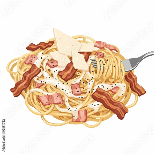 Delicious spaghetti carbonara with crispy bacon and parmesan cheese, being twirled on a fork, ready to eat.