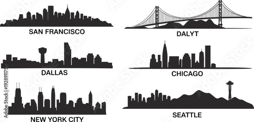 Collection of USA city skyline silhouettes including San Francisco, Dallas, Chicago, New York City and Seattle isolated on white background, minimalist urban cityscape illustration set.