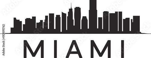 Miami city skyline silhouette with bold typography and modern skyscrapers isolated on white background, minimalist urban cityscape illustration for travel, tourism, branding, and business design.