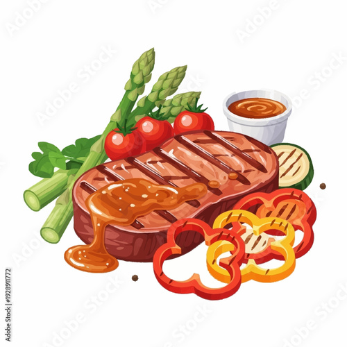 A delicious grilled steak with savory sauce, fresh asparagus, cherry tomatoes, grilled zucchini, and colorful bell pepper slices, served on a white background.