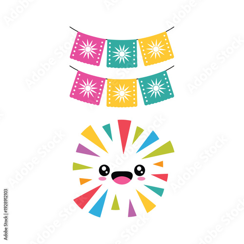 Colorful papel picado bunting flags and smiling sunburst character for mexican fiesta party, cinco de mayo decoration design vector