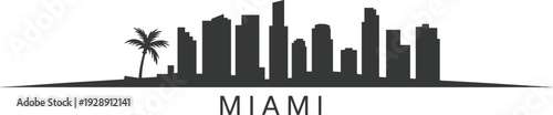 Miami city skyline silhouette with palm tree and modern skyscrapers isolated on white background, minimalist tropical urban illustration for travel, tourism, branding design