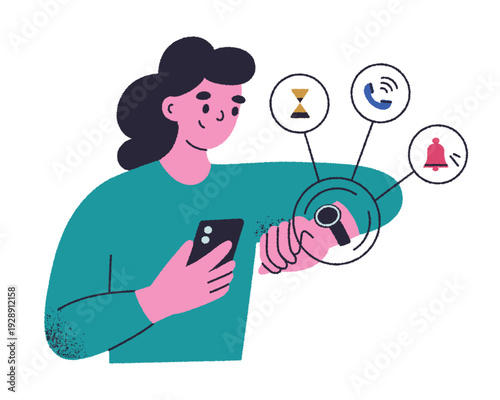 Woman checking smartwatch notifications. Flat vector illustration with digital interface, phone call alerts, timer. Cartoon character, technology, wearable devices, communication apps
