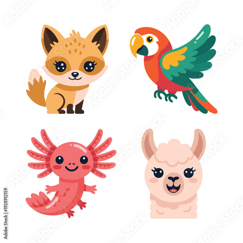 Playful fox parrot shrimp and llama characters, colorful animal vector illustration for childrens carnival poster, zoo festival, kids event