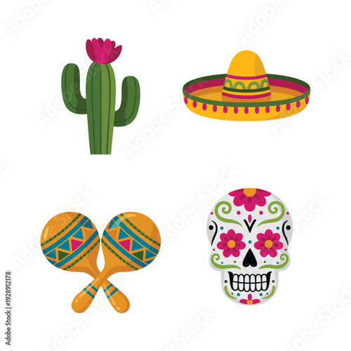 Cactus sombrero maracas and sugar skull icons, mexican fiesta vector for cinco de mayo celebration and day of dead