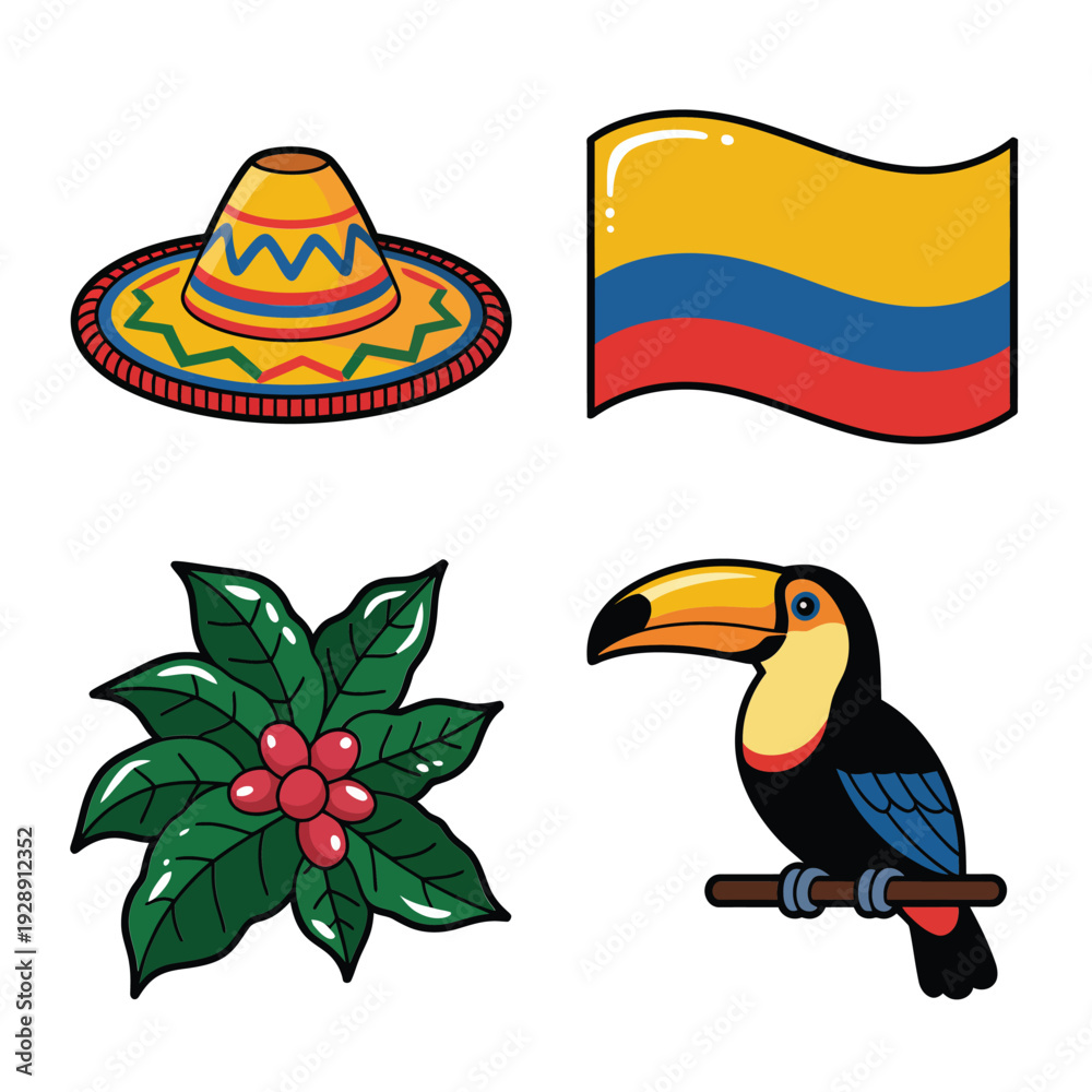 Fototapeta premium Colorful South America party icons with toucan, coffee flower, sombrero and waving flag, Colombia culture travel celebration vector design