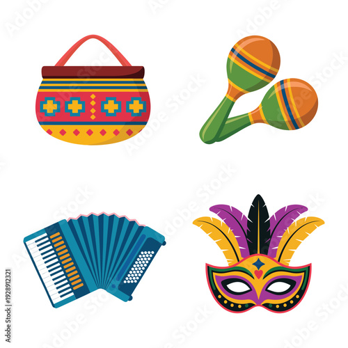 Festive accessories vector pack featuring patterned bag, bright maracas, concert accordion, masquerade mask for music festival banner, party decoration design