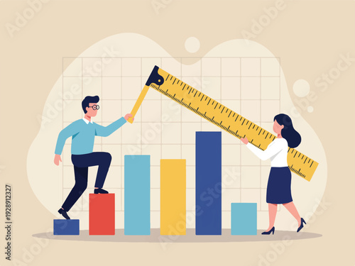 Business people measuring growth with ruler on colorful bar chart graph  teamwork concept