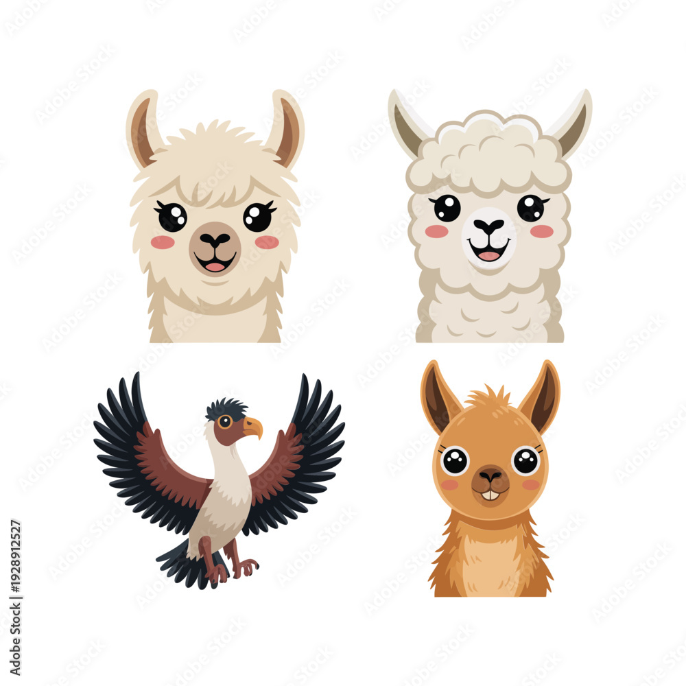 Obraz premium Andean animal family with fluffy llama, baby alpaca and condor bird, cute wildlife vector for childrens book illustration and festival