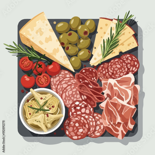 Overhead view of a delicious charcuterie board featuring various cheeses, cured meats, green olives, cherry tomatoes, and artichoke hearts garnished with rosemary.