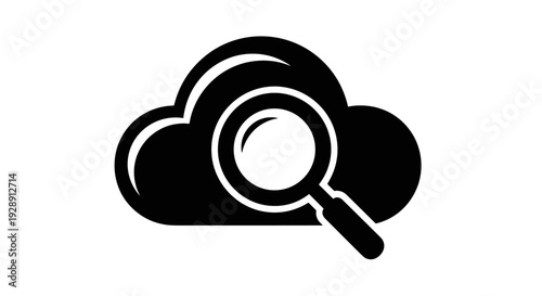 Black Cloud with Magnifying Glass Icon.