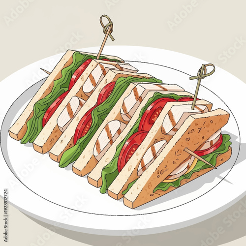 An illustration of several triangular club sandwiches with grilled chicken, lettuce, and tomato, served on a white plate with toothpicks.