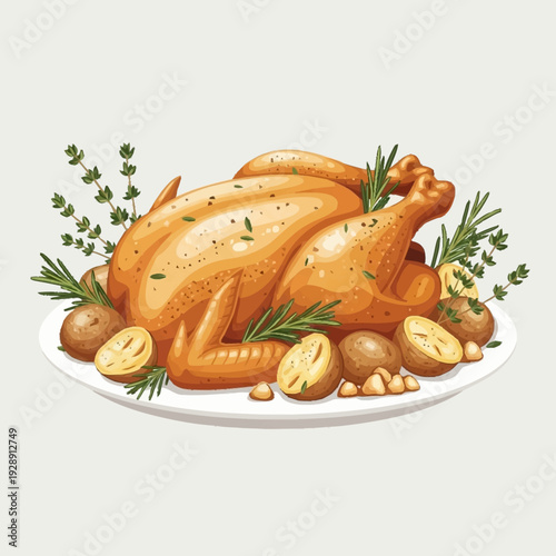 A beautifully roasted whole chicken served on a white platter with golden potatoes and fresh herbs, ready for a festive meal.