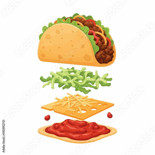 Exploded view of a taco with its ingredients separated, including a tortilla, savory meat, fresh lettuce, shredded cheese, and rich sauce, illustrating the assembly process.