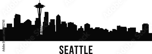 Seattle city skyline silhouette with iconic Space Needle and bold typography isolated on white background, minimalist urban cityscape illustration for travel, tourism, and business branding design.