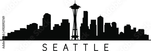 Seattle city skyline silhouette with iconic Space Needle and bold typography isolated on white background, minimalist urban cityscape illustration for travel, tourism, and branding design.