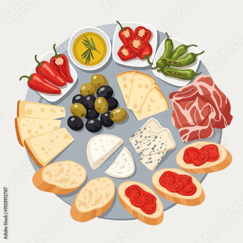 A vibrant platter showcasing a variety of Spanish tapas including cheeses, olives, cured meats, peppers, and bread with toppings, perfect for sharing.
