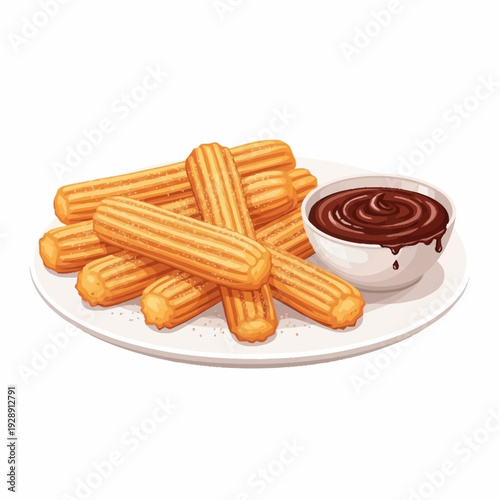 A delicious plate of golden-brown churros served with a rich chocolate dipping sauce, perfect for a sweet treat or dessert.