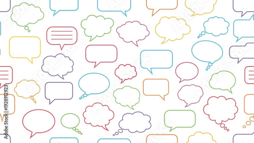 Colorful empty speech and thought bubbles overlap on a white background, conveying a lively, communicative atmosphere.