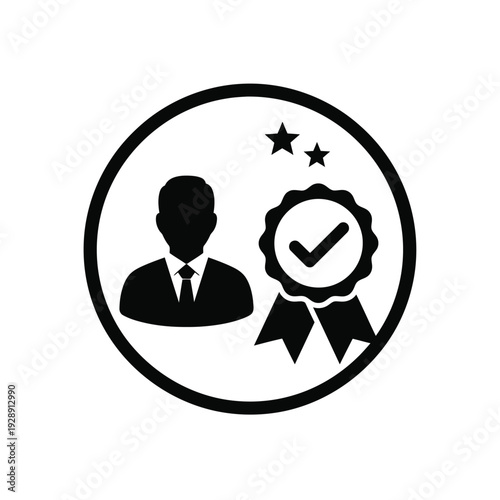 Vector illustration icon black icon of a certified professional with a checkmark and stars