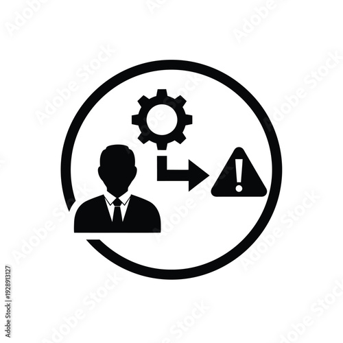 Vector illustration icon black icon of a person with a gear and warning sign inside a circular outline on a isolated