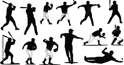 Dynamic Baseball Player Silhouettes - Diverse Poses for Hitters, Pitchers, Fielders and More, Perfect for Sports Concept Art