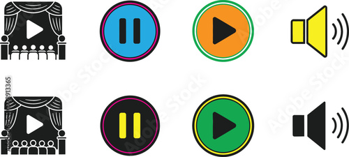 Media player control icons vector set with play pause video theater and volume buttons colorful interface symbols isolated on white background