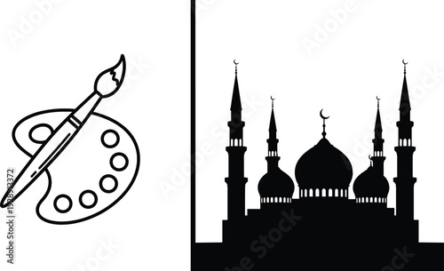 Art palette and mosque silhouette vector illustration set with creative painting symbol and Islamic architecture landmark isolated on white background
