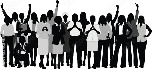 Silhouette group of diverse women celebrating empowerment and success with raised hands, diverse styles and poses, suitable for IWD or business concepts.