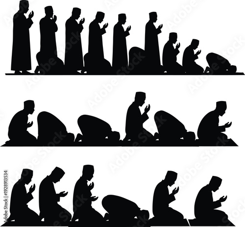 Vector silhouettes of Muslim men praying in different poses, representing Islamic prayer and devotion.